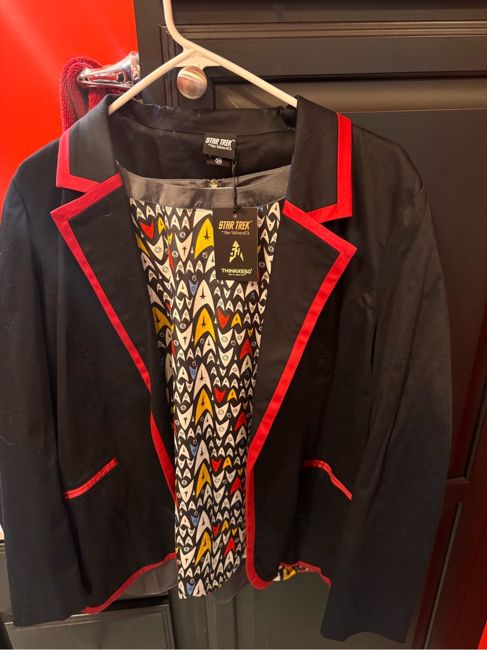 Her Universe Black Blazer with Red Trim and Patterned Lining